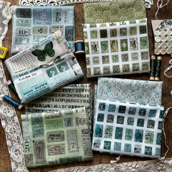 Lot tissus Tim Holtz vert et bleu